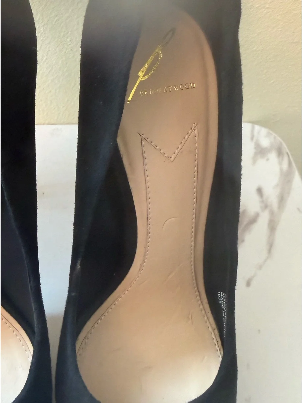 Brian Atwood Raja Black Suede Peep-Toe Platform, Gold Embellishment, EUC, Size 9